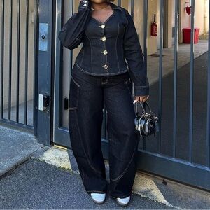 Elegant Black Women's Denim Jacket and pants with Gold Buttons